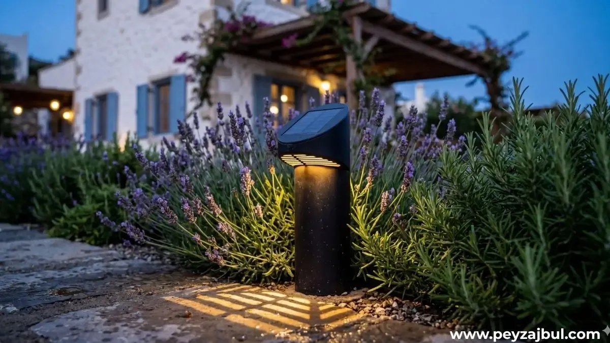 Bodrum tarzı bir bahçede lavanta ve biberiyeler arasına yerleştirilmiş güneş enerjili (solar) modern LED bahçe lambası.