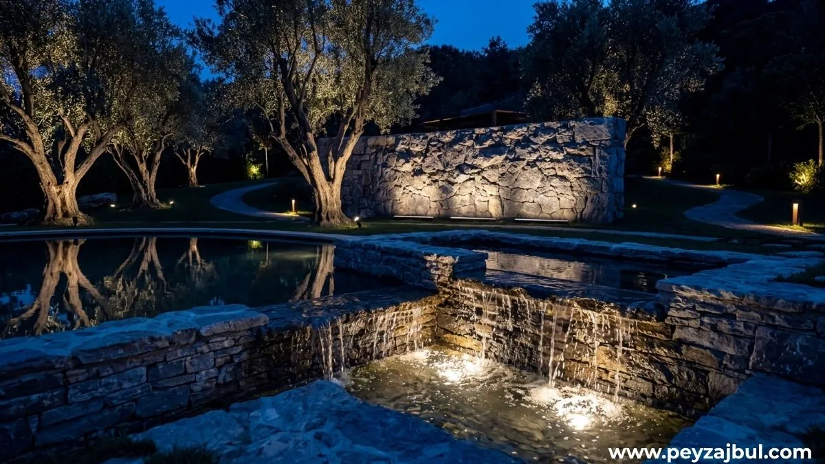 Gece aydınlatılmış taş şelale, havuz ve zeytin ağaçlarından oluşan modern peyzaj tasarımı